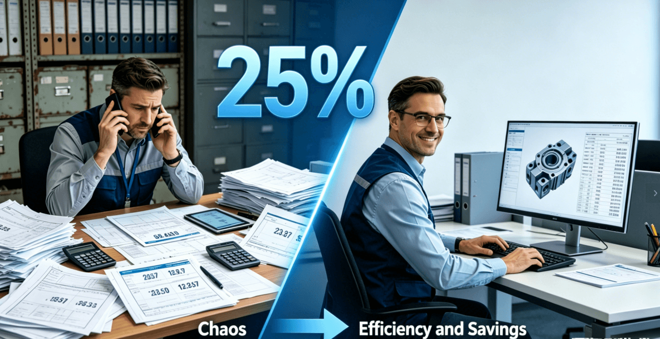 Infographic contrasting a chaotic traditional quoting process with an efficient digital smart quoting process, highlighting 25% cost savings.